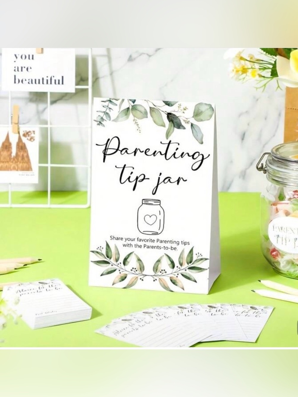 Parenting Tip Jar Cards and Tent Sign - White and Green Baby Shower Set